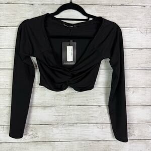 Pretty Little Things Black Slinky Ruched Front Long Sleeve Top Size 10